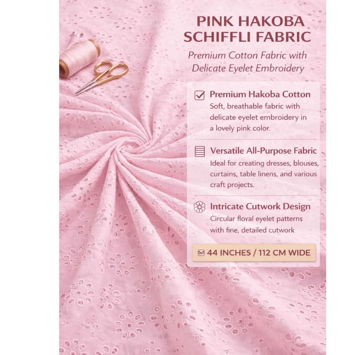 Premium Pink Hakoba Schiffli Cotton Fabric featuring elegant floral eyelet embroidery with intricate all-over cutwork on a soft, breathable cotton base. This lightweight 44-inch wide fabric is perfect for kurtis, dresses, tops, blouses, co-ord sets, kidswear, tunics, and stylish summer apparel.