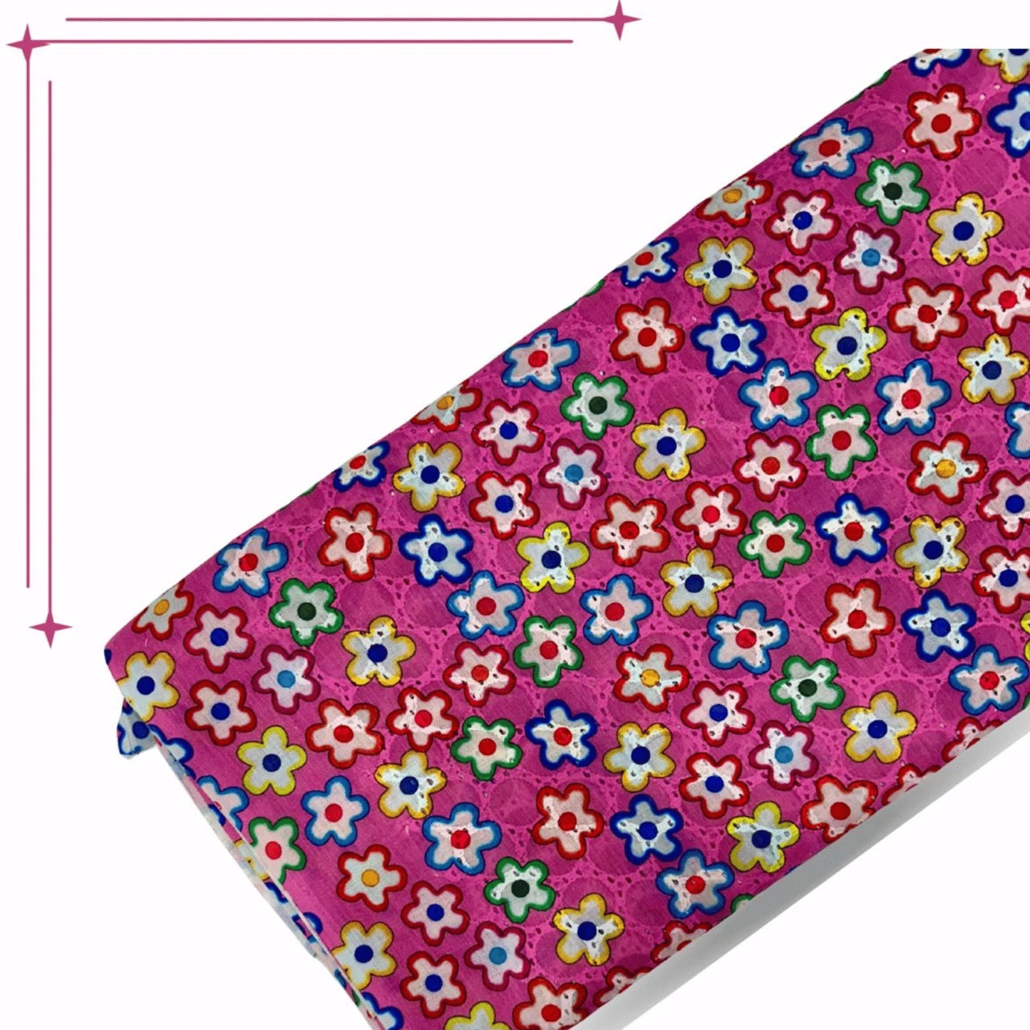 Premium Pink Multicolor Hakoba Schiffli Cotton Fabric with colorful floral print, 44-inch width, soft breathable embroidered cotton fabric for kurtis, dresses, tops, kidswear and ethnic wear.