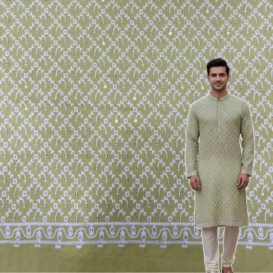 pista green roman silk kurta fabric men chikankari embroidery