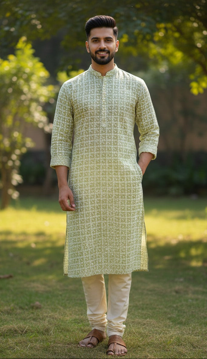 pista green silk kurta fabric men premium finish