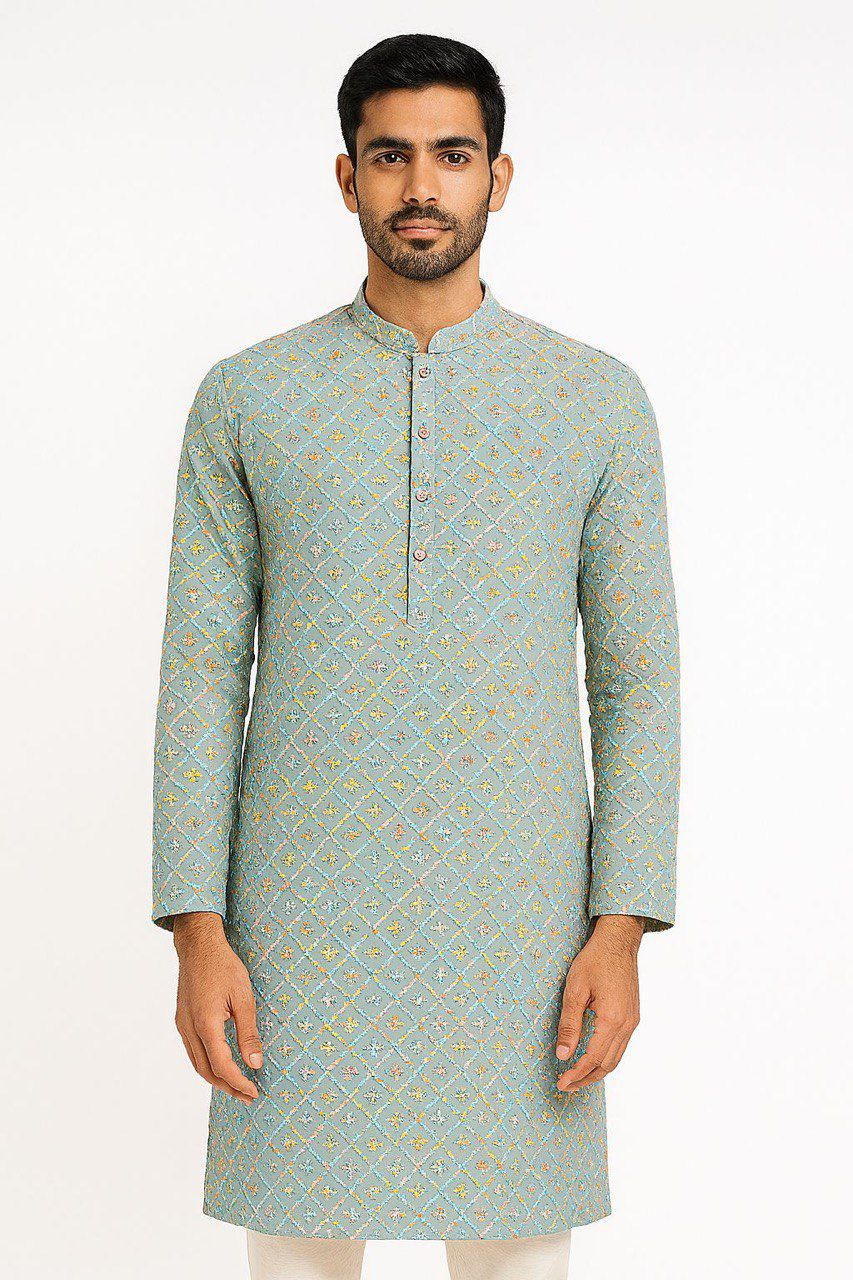 Premium pista rayon viscose fabric with digital print, thread embroidery and sequin work for ethnic festive kurta outfits

