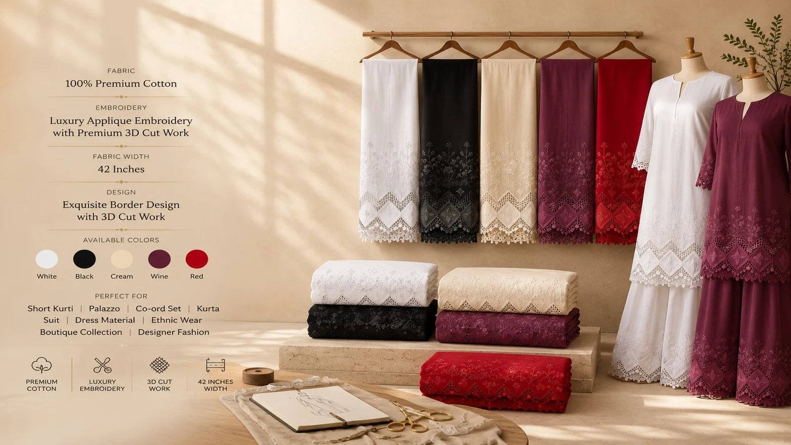 Premium applique embroidery cotton fabric collection in white, black, cream, wine and red with elegant 3D cutwork, 42 inch width for kurtis, palazzos, co-ord sets, suits and dress material.