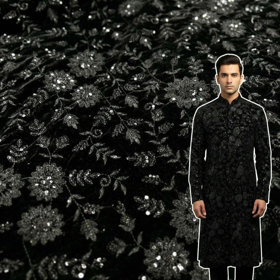 Premium black velvet floral work fabric front view showing detailed embroidery, 44 inch width and 38 inch work area, ideal for sherwani and Indo-Western outfits