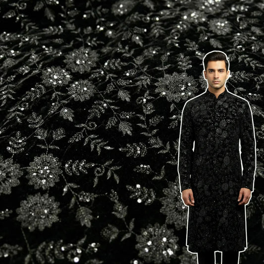 Premium black velvet floral work fabric front view showing detailed embroidery, 44 inch width and 38 inch work area, ideal for sherwani and Indo-Western outfits