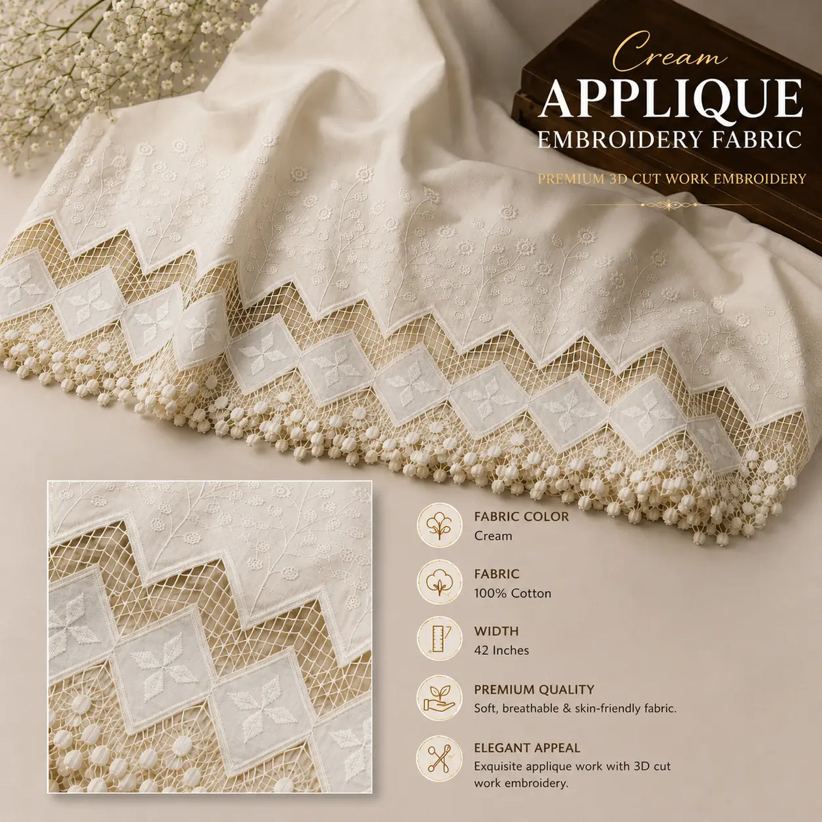 Premium Cream Applique Embroidery Fabric | 100% Cotton | 42 Inch Width | 3D Cutwork