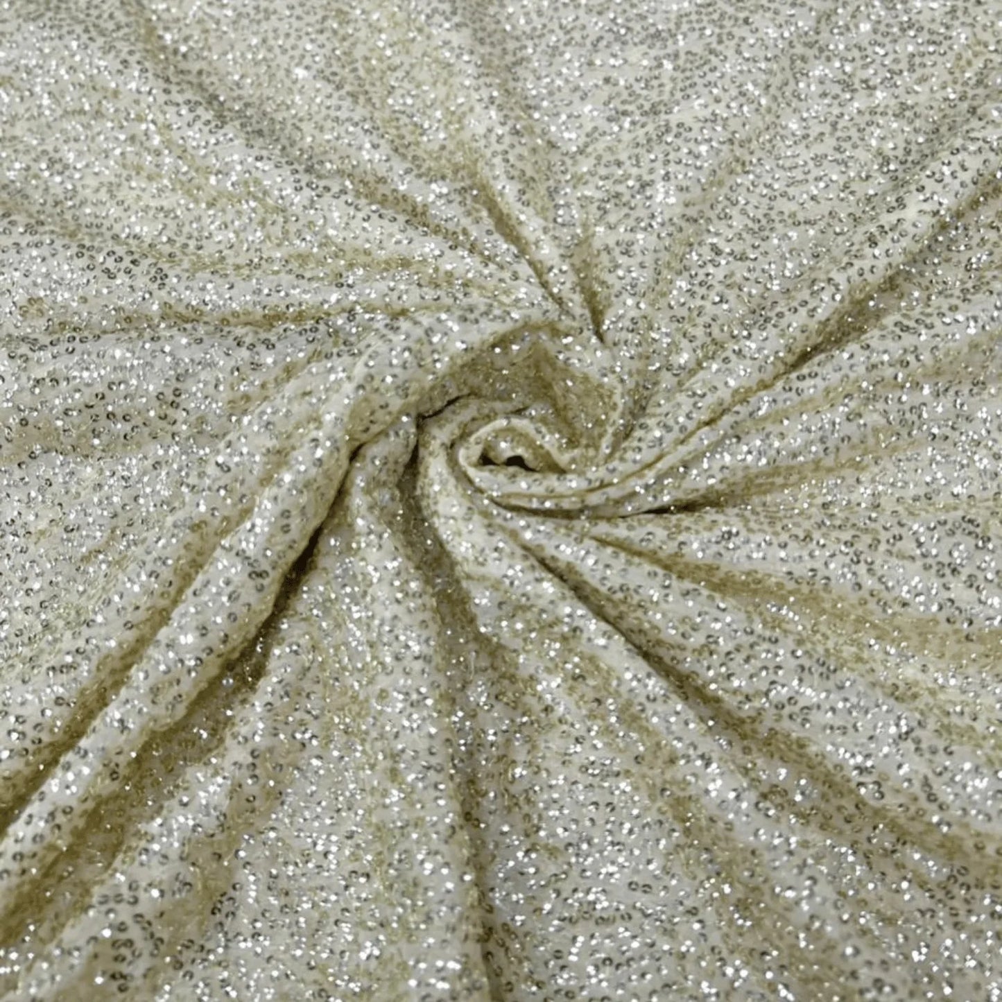 Premium cream white Kichdi net fabric with heavy all-over textured embroidery and elegant shimmer finish, ideal for bridal, party and festive wear.