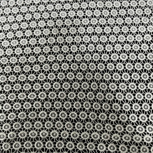 Premium GPO Chemical Lace Fabric featuring elegant round floral geometric embroidery. Soft export-quality white lace fabric with intricate openwork design, 44 inch width, ideal for saree borders, dupattas, gowns, dresses, kurtis, overlays and designer ethnic wear.