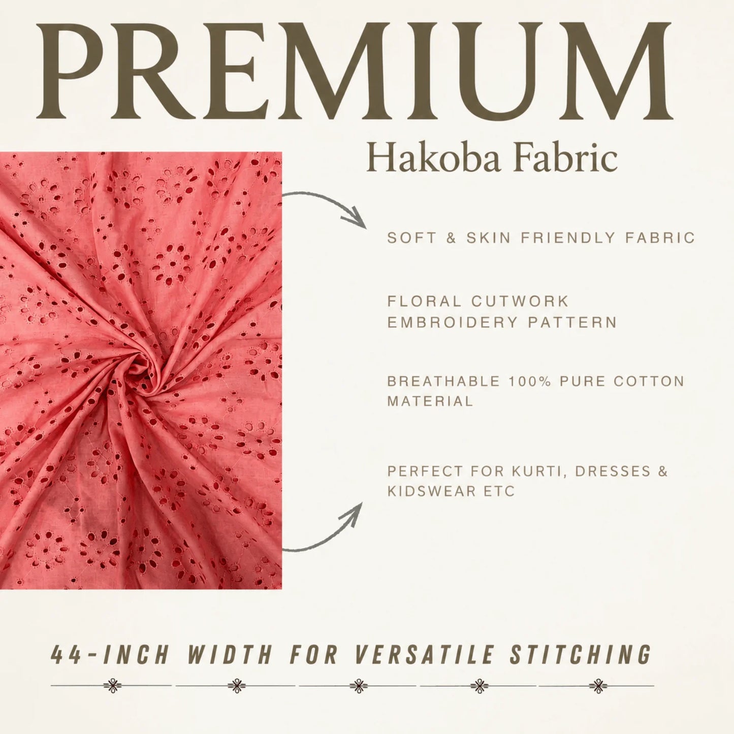 Premium peach Hakoba cotton Schiffli embroidery fabric with elegant floral cutwork embroidery. Soft, skin-friendly, breathable 100% cotton fabric featuring 44-inch width, ideal for kurtis, dresses, tops, kidswear and ethnic wear.