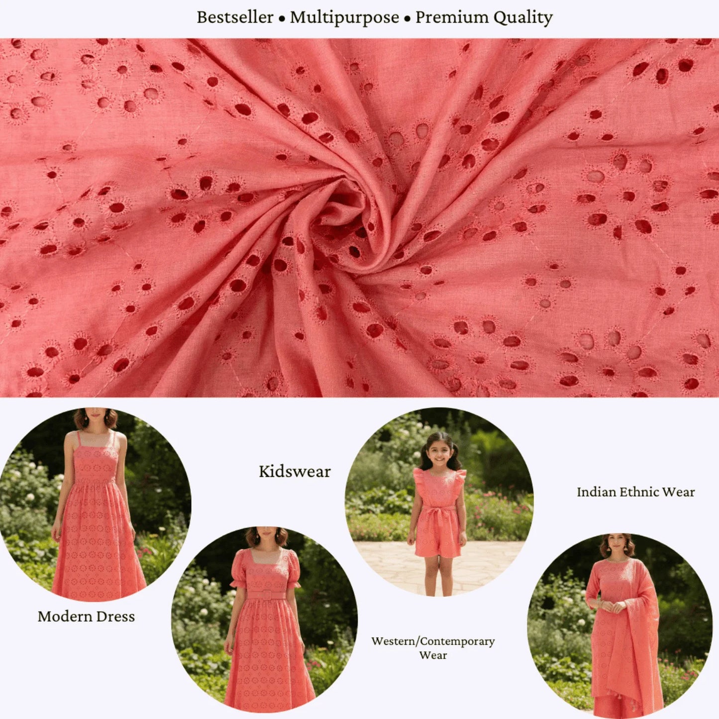 Premium peach Hakoba cotton Schiffli embroidery fabric showcasing outfit possibilities including modern dresses, kidswear and Indian ethnic wear. Soft, breathable 100% cotton fabric with elegant floral eyelet embroidery and 44-inch width.