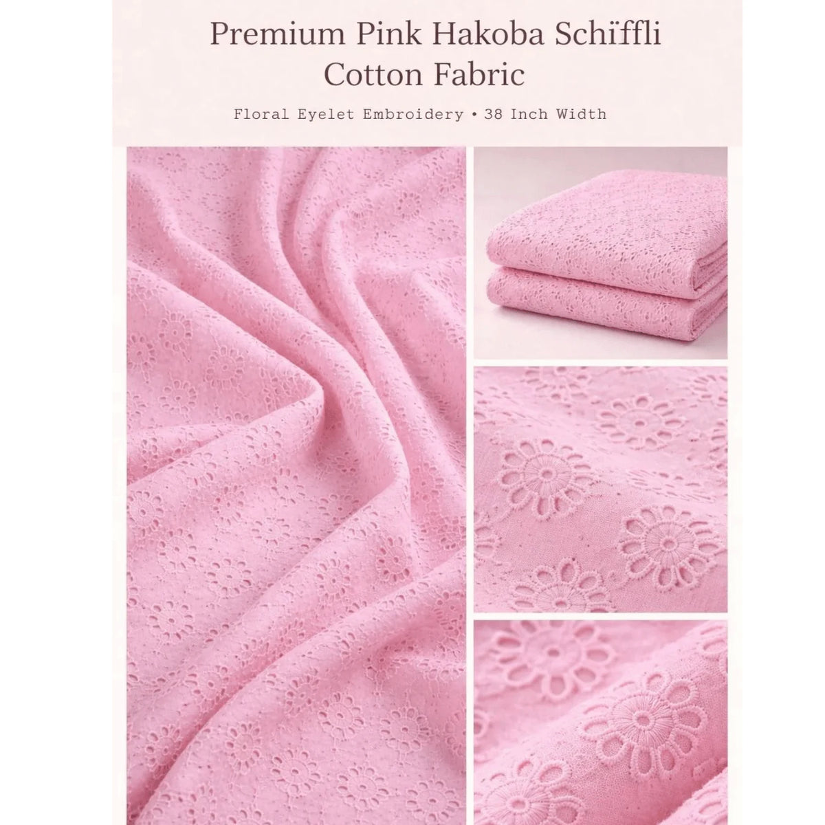 Premium Pink Cotton Hakoba Schiffli Fabric with elegant floral eyelet embroidery on a soft, breathable cotton base. This lightweight 44-inch wide fabric features an all-over Schiffli pattern with a smooth finish, making it perfect for kurtis, dresses, tops, co-ord sets, kidswear, tunics, blouses, and stylish summer outfits.