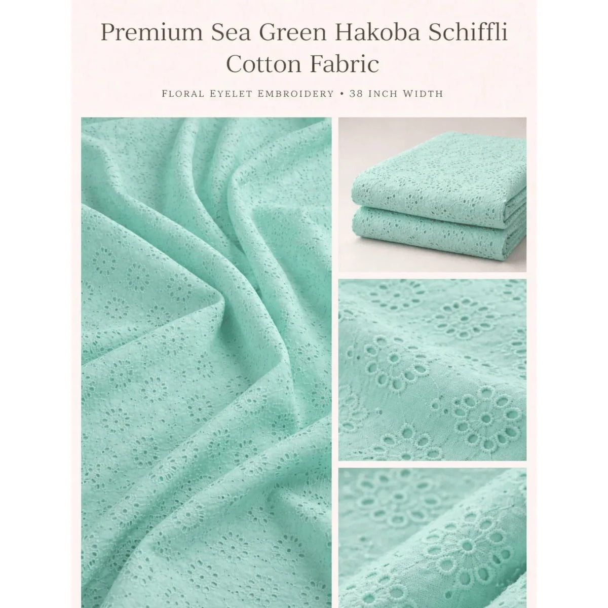 Premium Sea Green Hakoba Schiffli cotton fabric featuring floral eyelet embroidery with detailed texture, folded fabric view and close-up shots, ideal for kurtis, dresses, tops and kidswear.
