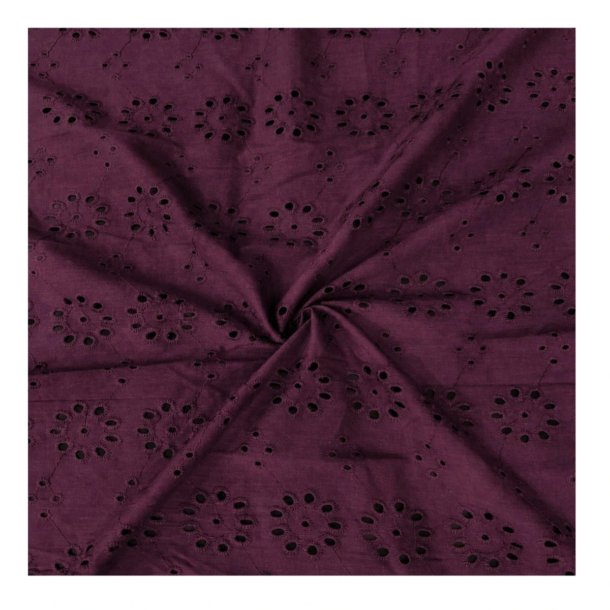 Premium wine cotton Hakoba Schiffli embroidery fabric with elegant floral eyelet work, breathable soft cotton fabric, 44-inch width for kurtis, dresses, tops and ethnic wear.