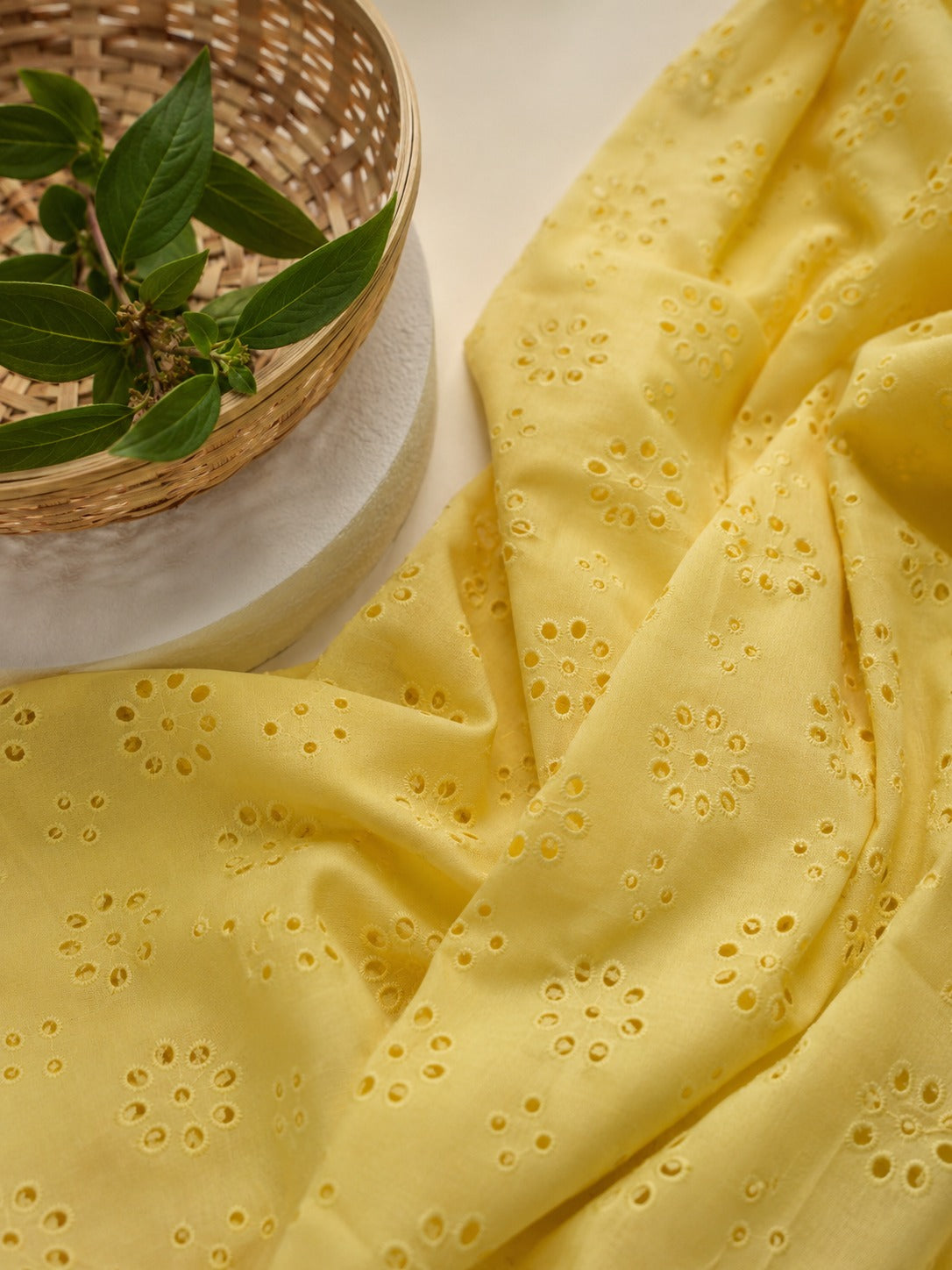 Premium yellow cotton hakoba fabric with floral design for kurta, dress, and Indo-western wear.