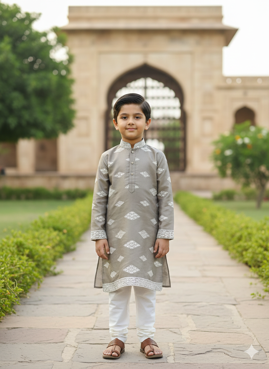 Kids ethnic grey Roman silk material with white geometric embroidery and mirror work for party and festive wearKids ethnic grey Roman silk material with white geometric embroidery and mirror work for party and festive wear.