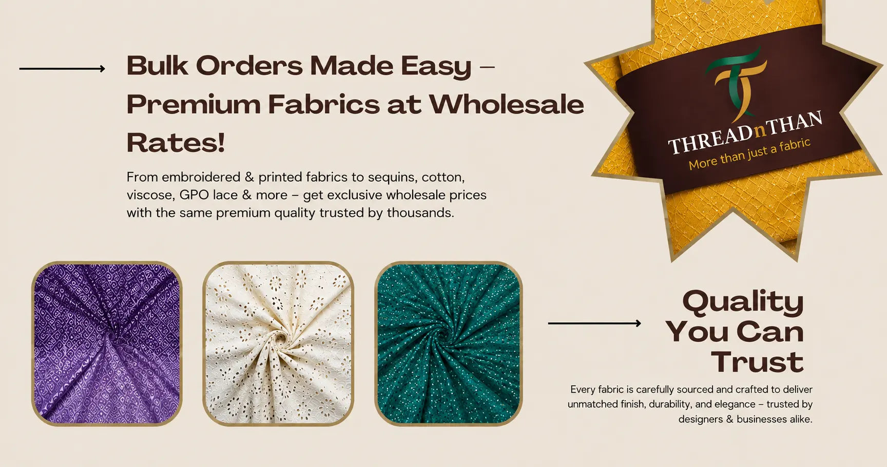Premium wholesale fabric banner showcasing bulk order fabrics and trusted quality.