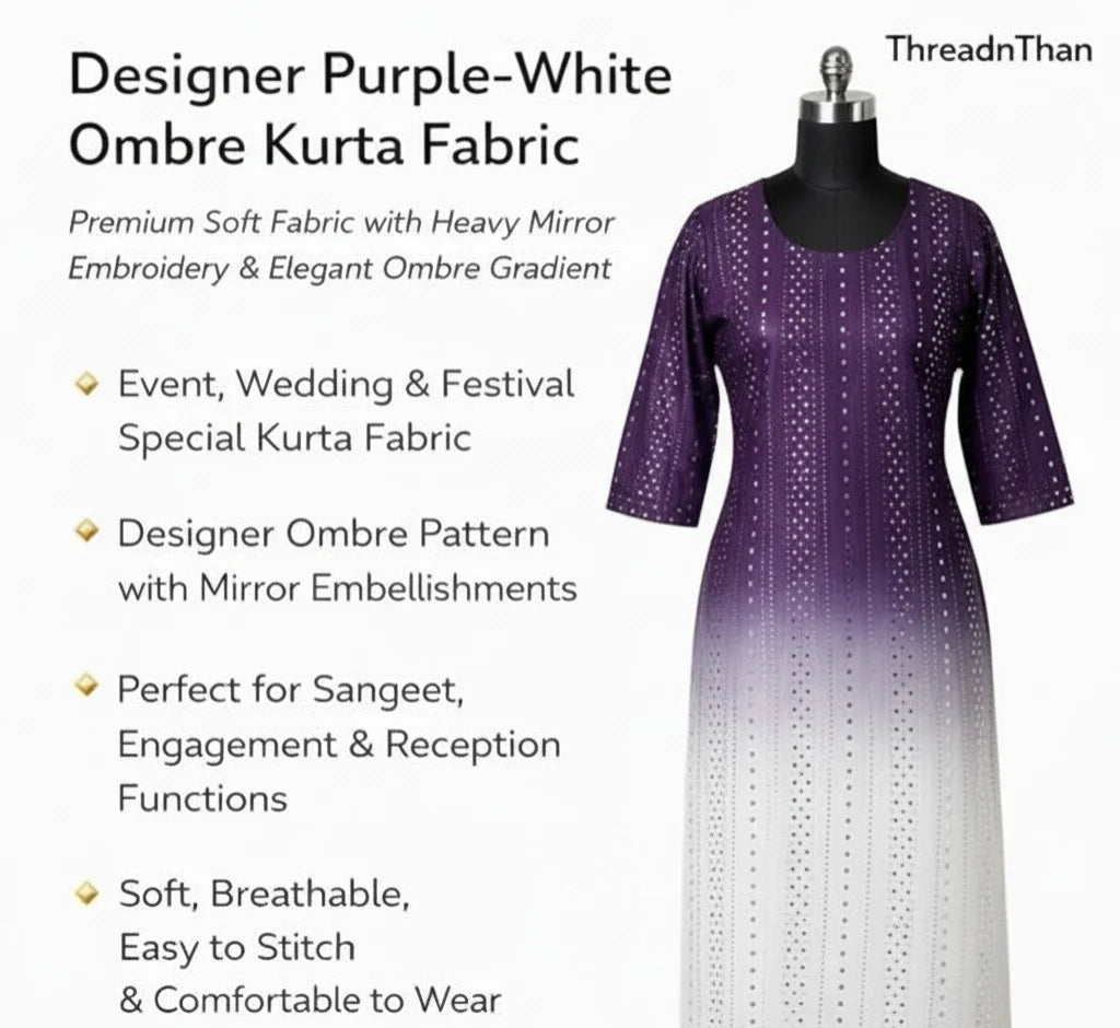 Purple ombre mirror work kurti fabric for wedding and festive wear