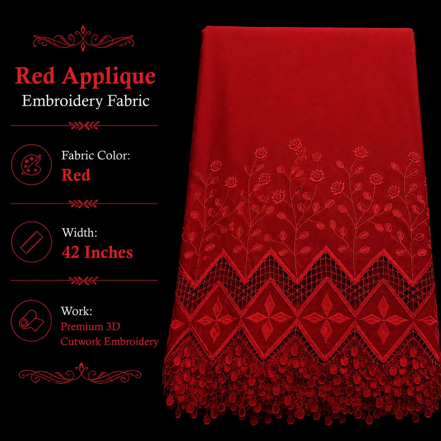 Red applique embroidery fabric with premium 3D cutwork, 42 inch width cotton fabric for kurti, palazzo, suits and dress material.