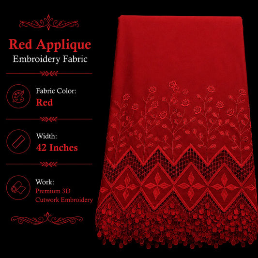 Red applique embroidery fabric with premium 3D cutwork, 42 inch width cotton fabric for kurti, palazzo, suits and dress material.