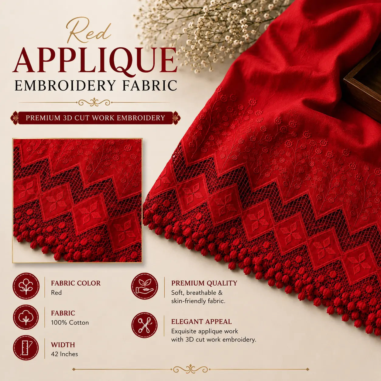Red applique embroidery fabric product details showing premium 3D cutwork, 100% cotton, 42 inch width for kurti, palazzo, ethnic wear and dress material.