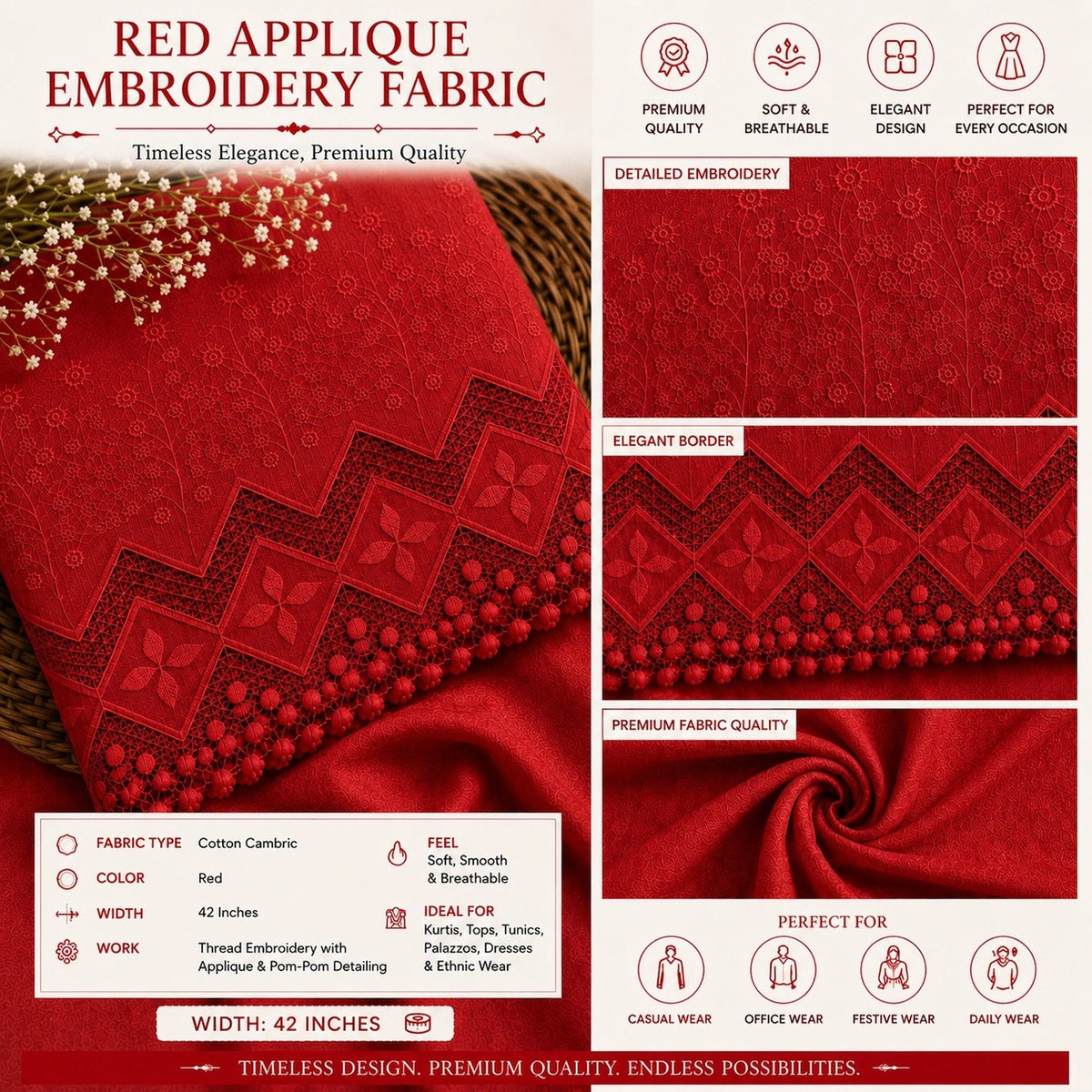 Premium red embroidered cotton fabric with elegant applique work and decorative cutwork border for kurtis, palazzos, co-ord sets and suits.