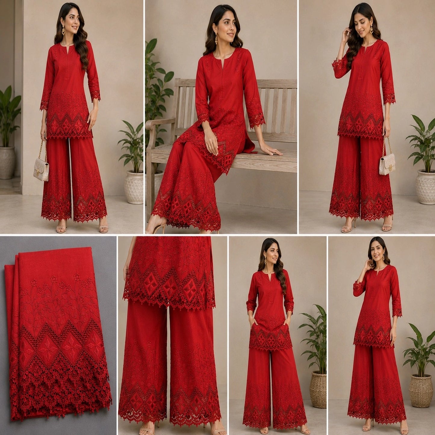Women's red cotton applique embroidery kurti and palazzo design made with premium 3D cutwork fabric for ethnic wear.