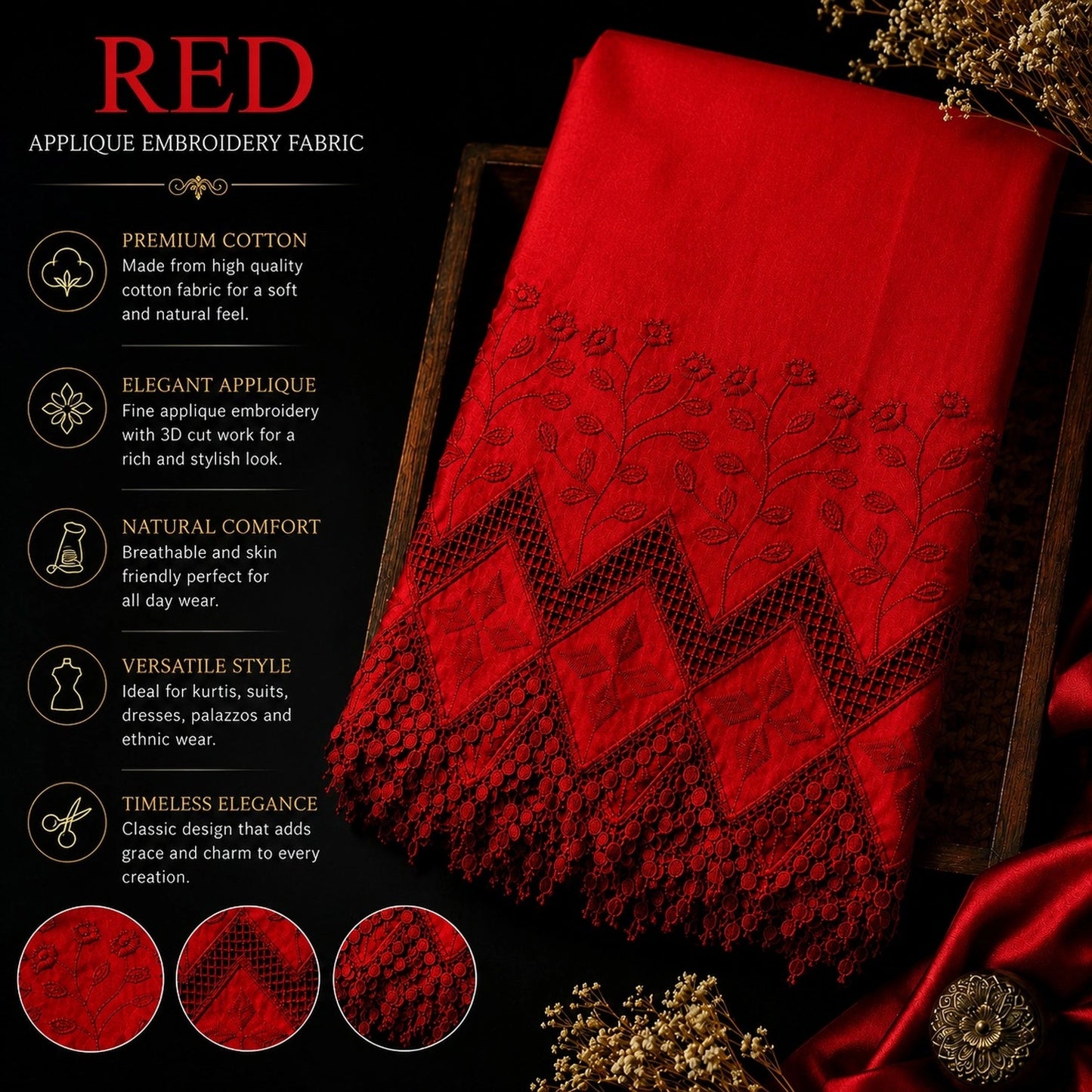 Luxury red embroidered cotton fabric featuring intricate applique work and 3D cutwork border for designer ethnic wear and dress material.