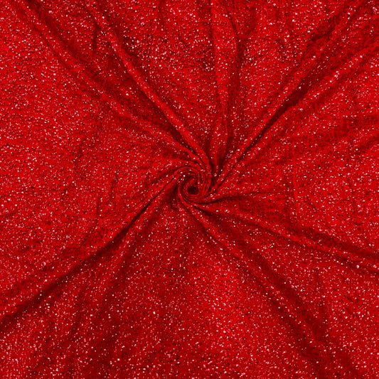 Premium Light Regal Red shimmer Kichdi Georgette fabric featuring elegant glitter detailing and a luxurious drape, perfect for evening gowns, ethnic wear, cocktail dresses and fashion apparel.