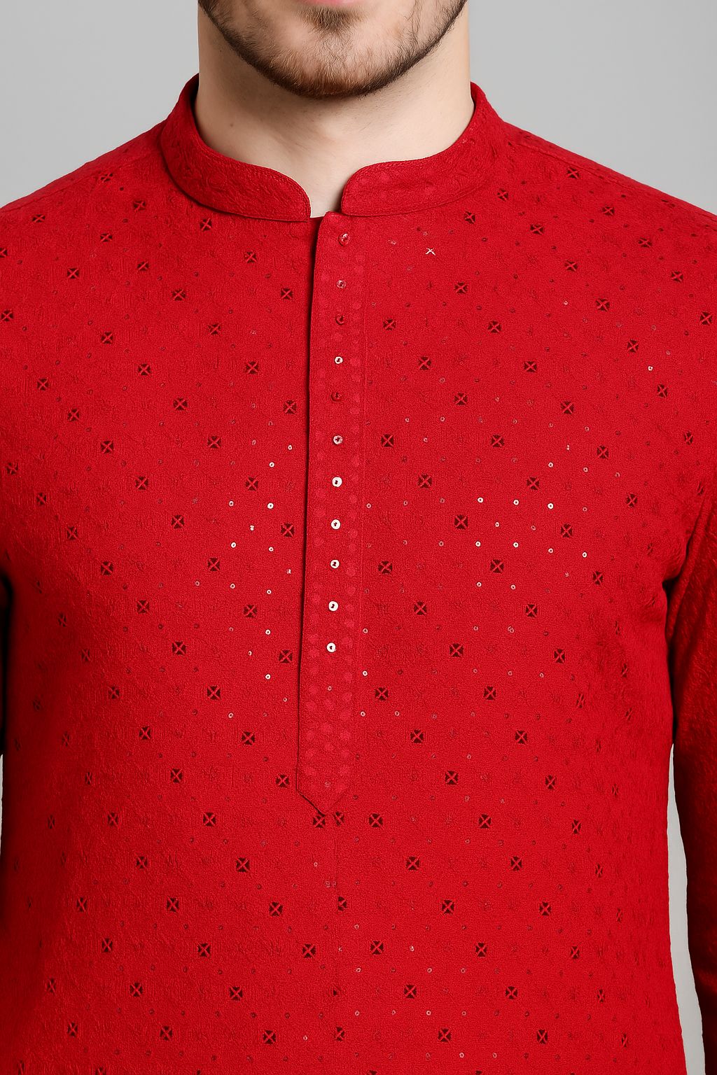 Premium red rayon viscose fabric with chess embroidery and sequins for traditional ethnic festive kurta wear

