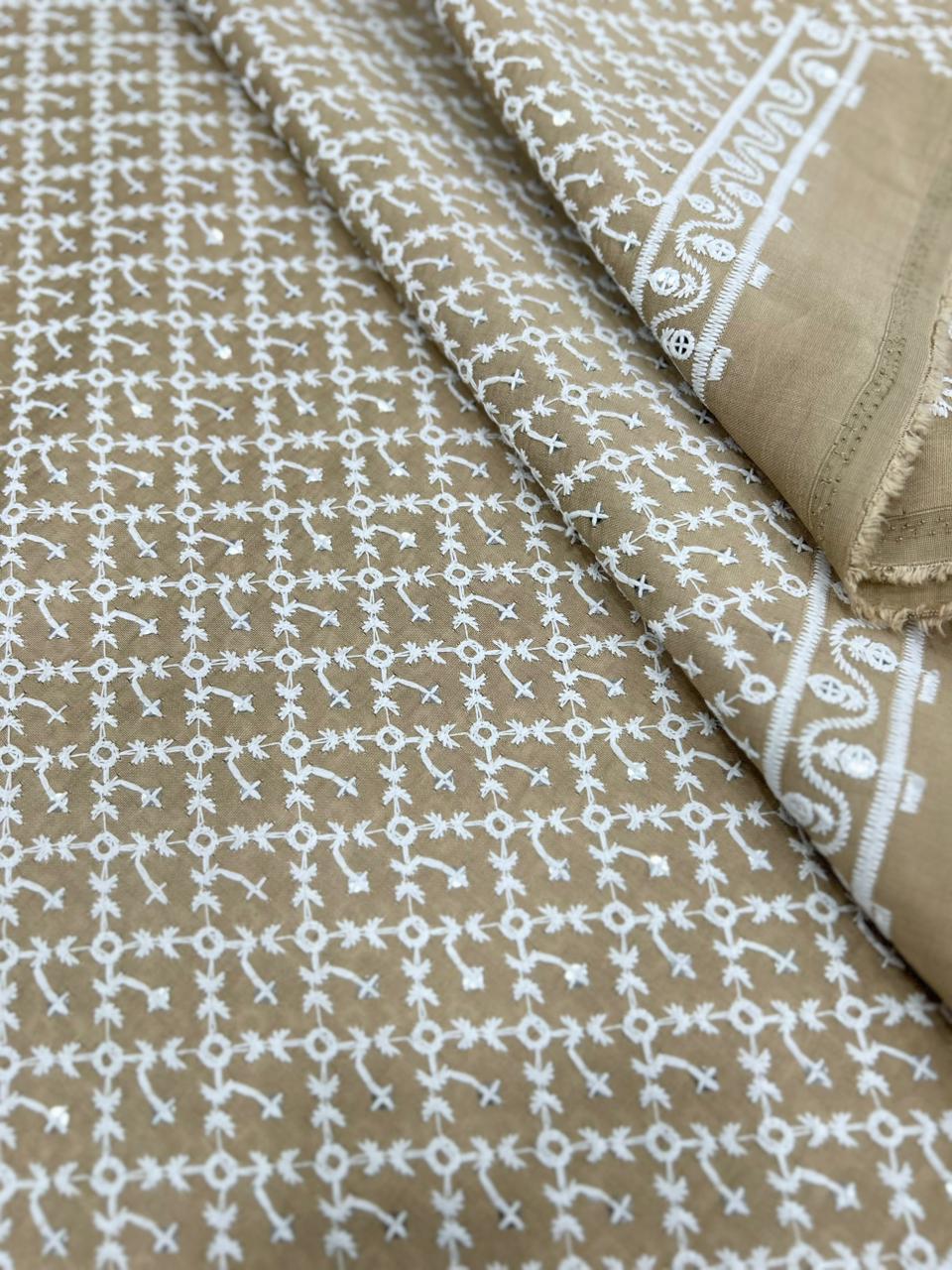 roman silk kurta fabric beige chikankari work