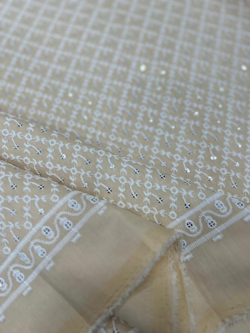 roman silk kurti suit fabric cream chikankari work