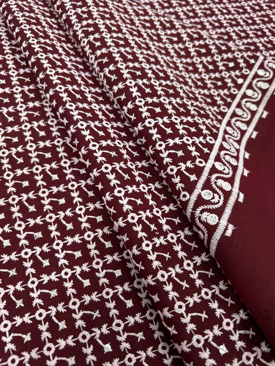 roman silk kurti material maroon chikankari embroidery