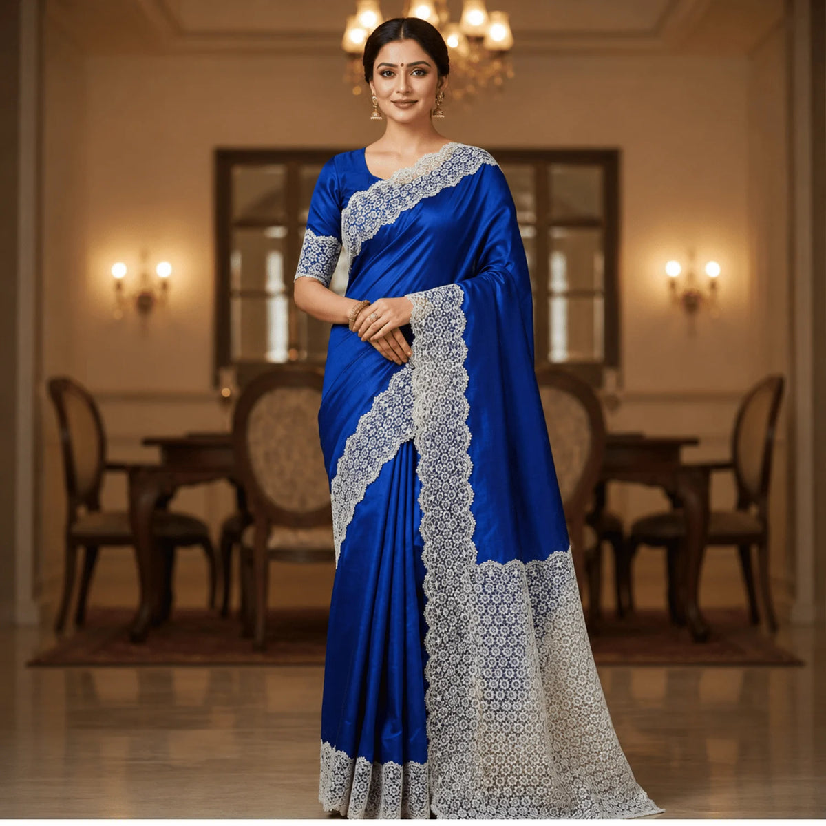 Royal blue saree designed with premium white GPO chemical lace border. Elegant export-quality lace fabric enhances the saree with a luxurious floral pattern, perfect for weddings, festive occasions, parties and designer ethnic wear.