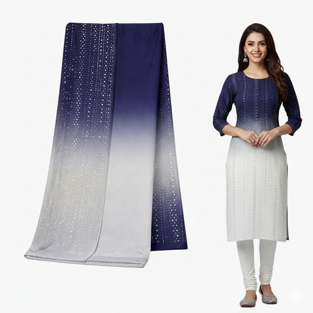 Royal navy ombre kurti suit fabric with mirror embroidery