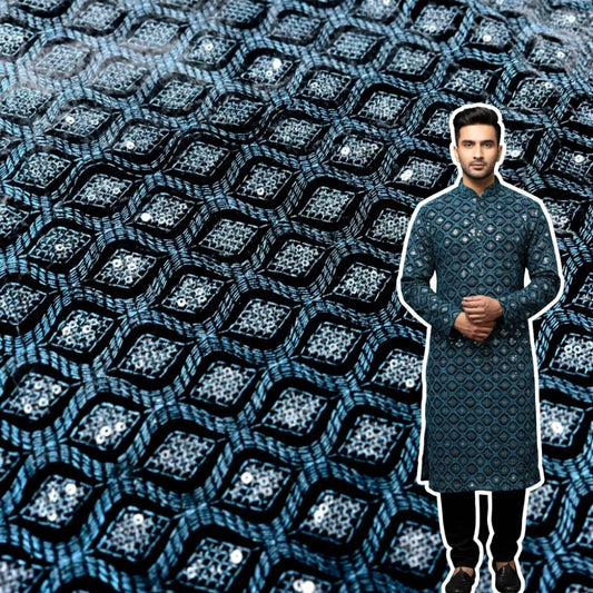 Close-up view of premium teal blue velvet fabric with heavy thread embroidery and sequin detailing.