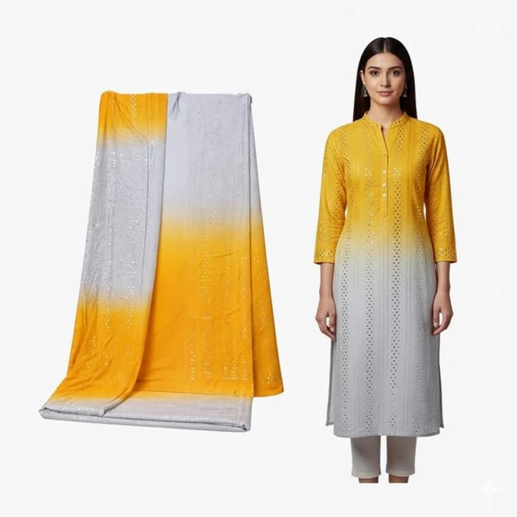 Royal yellow silver ombre suit fabric with heavy mirror work
