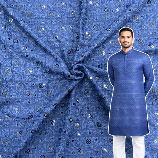 Sky blue rayon viscose chess design embroidered kurta fabric with sequin work for festive menswear