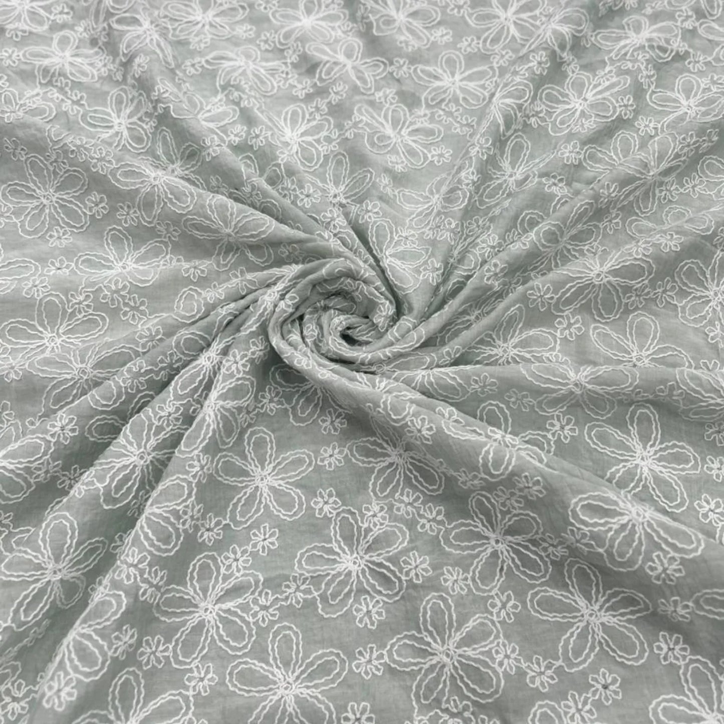 Close-up of sage green Mal Chanderi fabric with white floral embroidery, 55-inch width and 49-inch embroidered work.