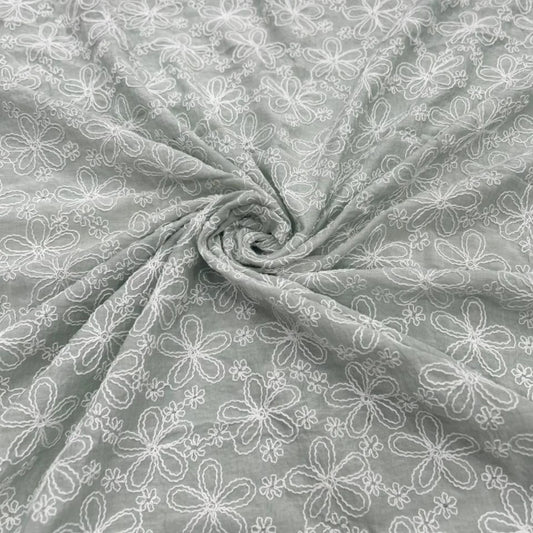 Close-up of sage green Mal Chanderi fabric with white floral embroidery, 55-inch width and 49-inch embroidered work.