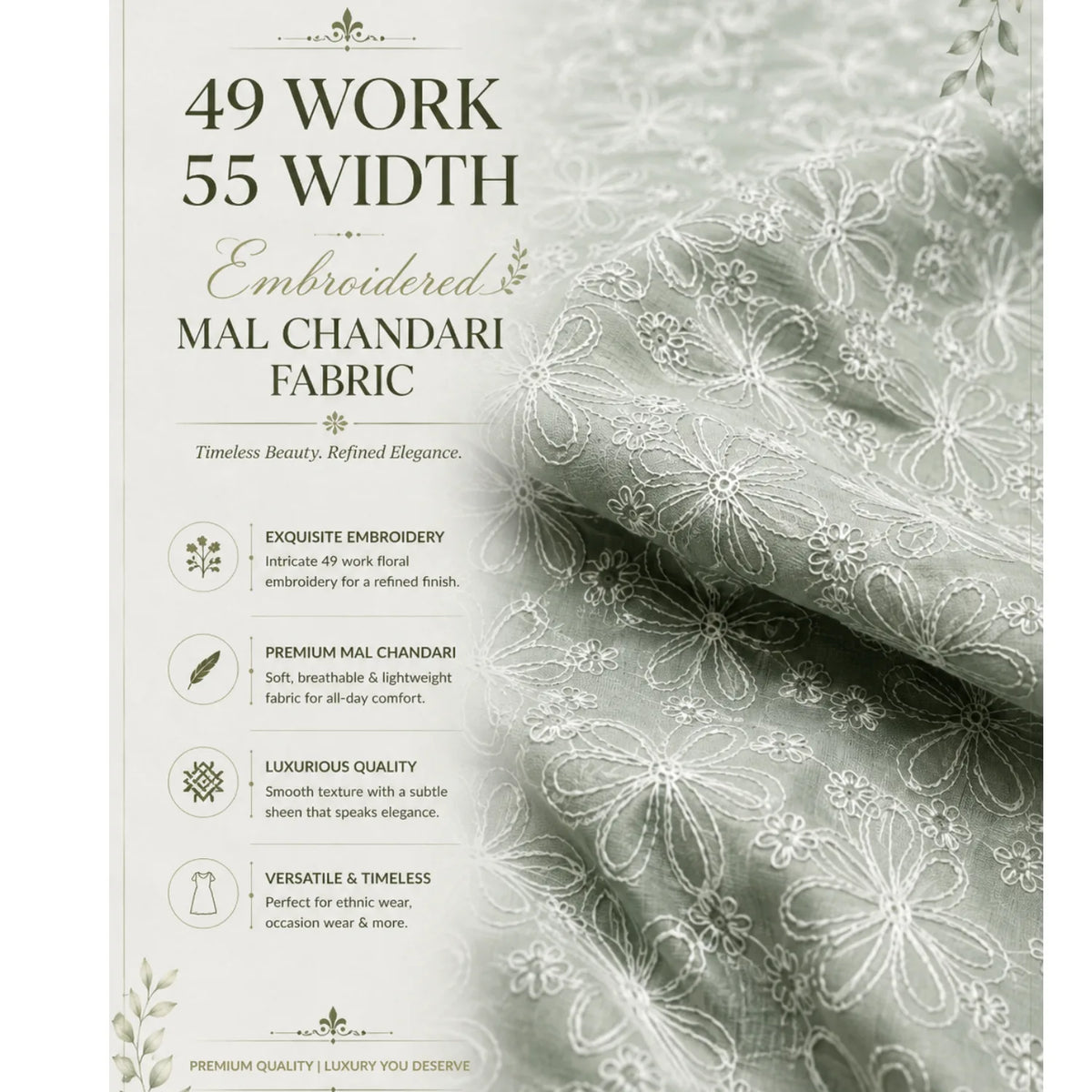 Sage green Mal Chanderi fabric with white floral embroidery, highlighting 55-inch width, 49-inch embroidered work, and premium fabric features.