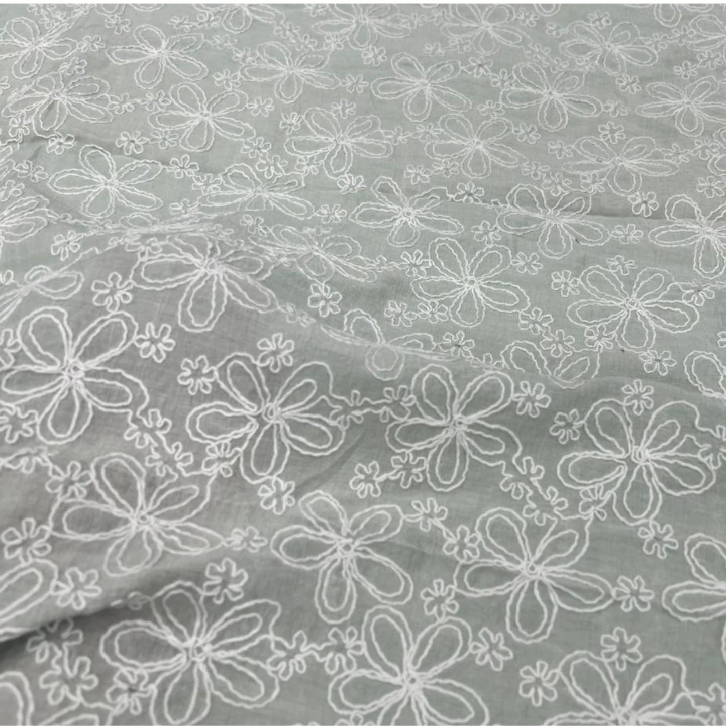 Product information graphic of sage green Mal Chanderi fabric with white floral embroidery, 55-inch width, 49-inch work, and premium quality details.