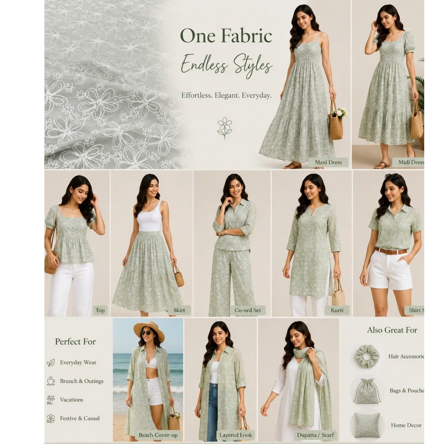 Style inspiration collage featuring sage green Mal Chanderi fabric with white floral embroidery, showcasing maxi dress, midi dress, kurti, co-ord set, top, shirt, beach cover-up, layered outfit, dupatta, and matching accessories.