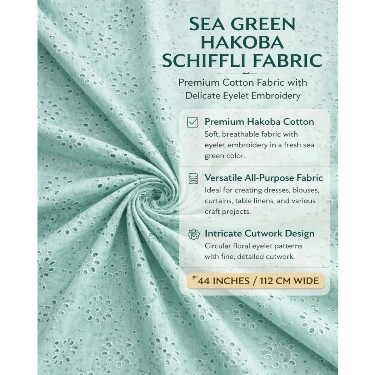 Sea Green Hakoba Schiffli fabric with premium cotton eyelet embroidery, soft breathable material, intricate floral cutwork design and 44-inch width for dresses, kurtis, tops and kidswear.