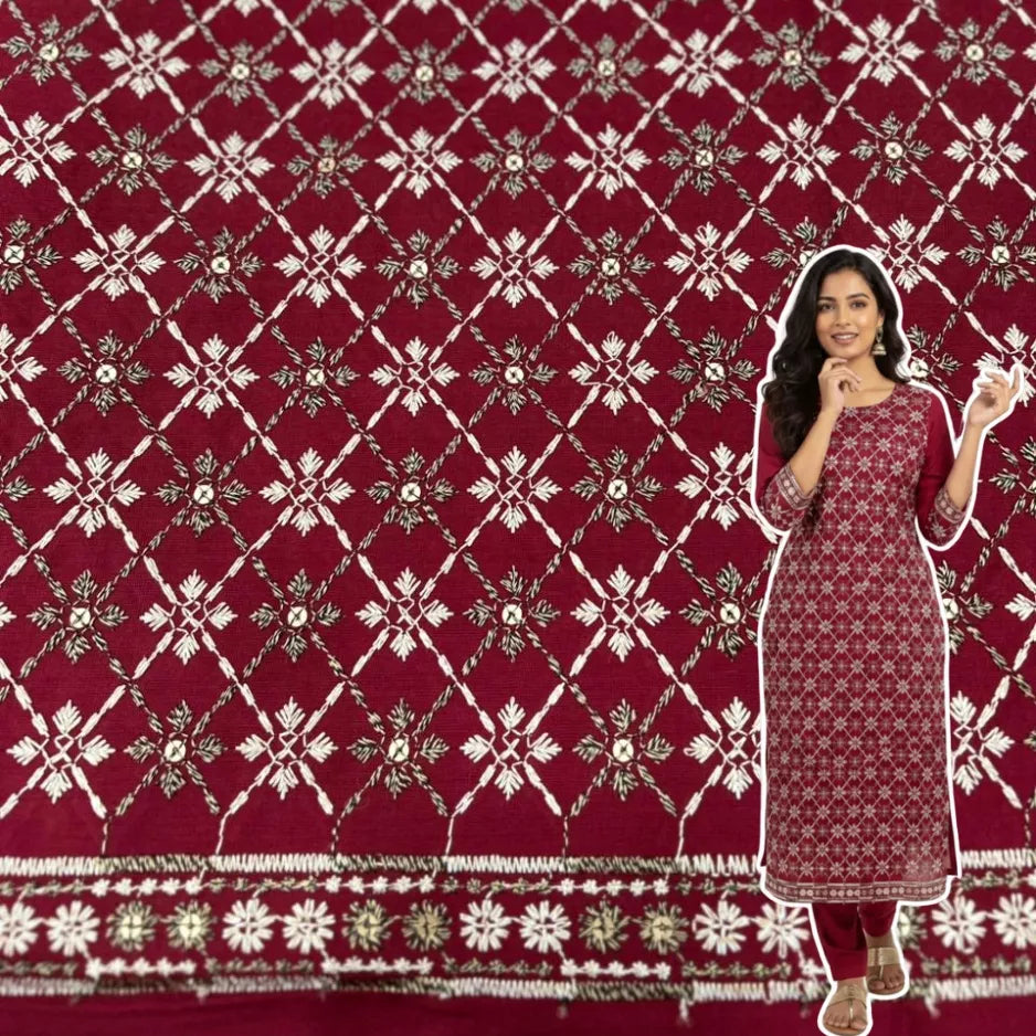 mehroon embroidered party wear textile