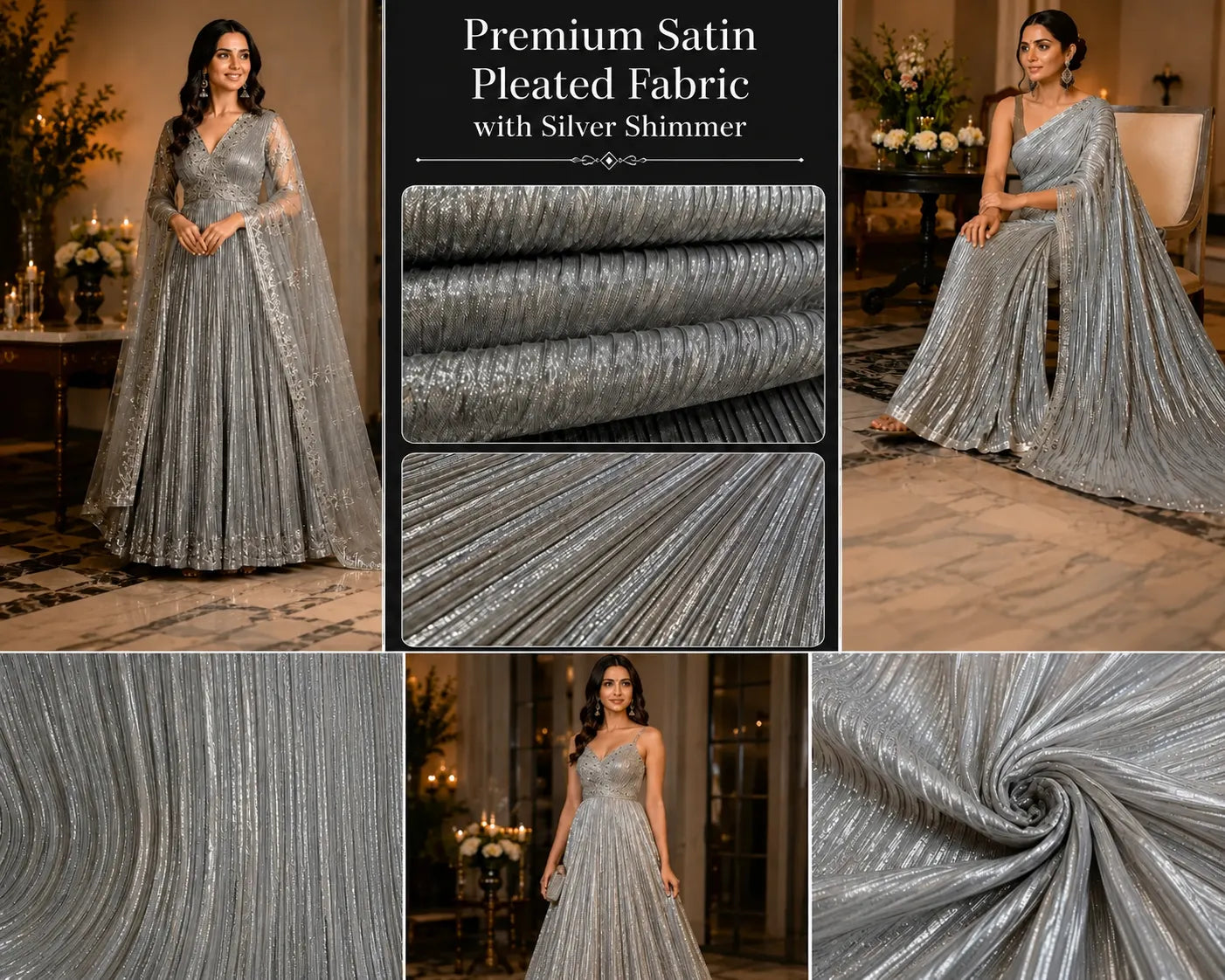 Premium silver shimmer satin pleated fabric showcased as elegant gown inspiration with metallic finish, soft flowing drape, ideal for designer gowns, evening dresses, sarees, party wear and luxury fashion wear.