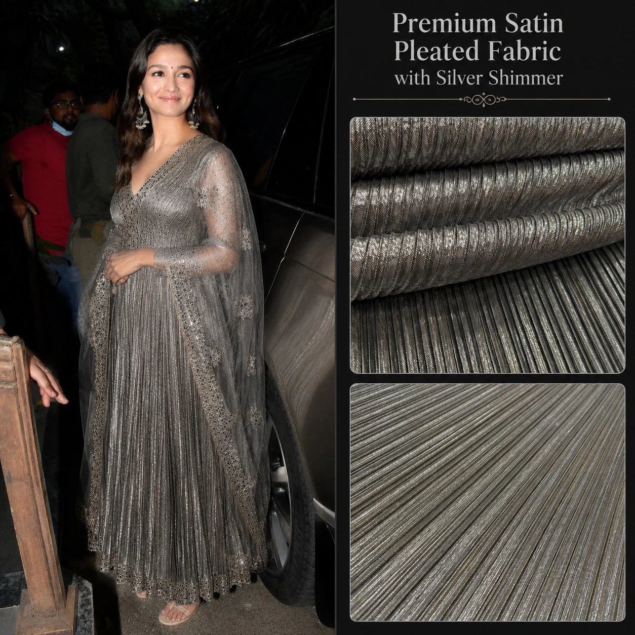 Model wearing a gown made from premium silver shimmer satin pleated fabric with metallic finish, ideal for designer gowns, sarees, dresses and luxury party wear.
