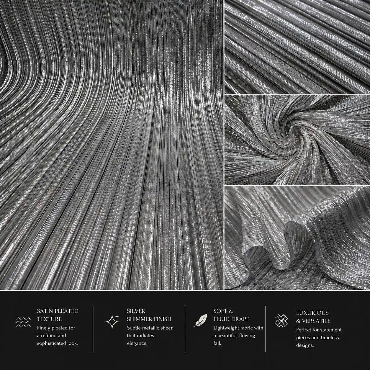 Premium silver shimmer satin pleated fabric texture with metallic finish, soft flowing drape, ideal for gowns, sarees, dresses, skirts and luxury designer fashion wear.