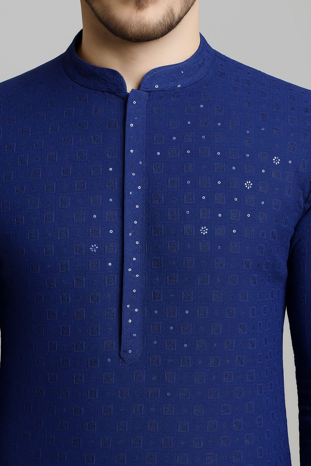 Premium sky blue rayon viscose sequin and embroidery fabric for men’s traditional and festive kurta wear

