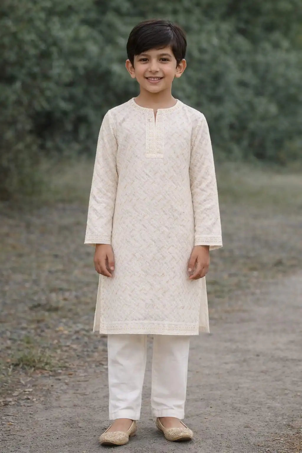 Close-up of skin-friendly thread and sequin embroidery on kids kurta fabric