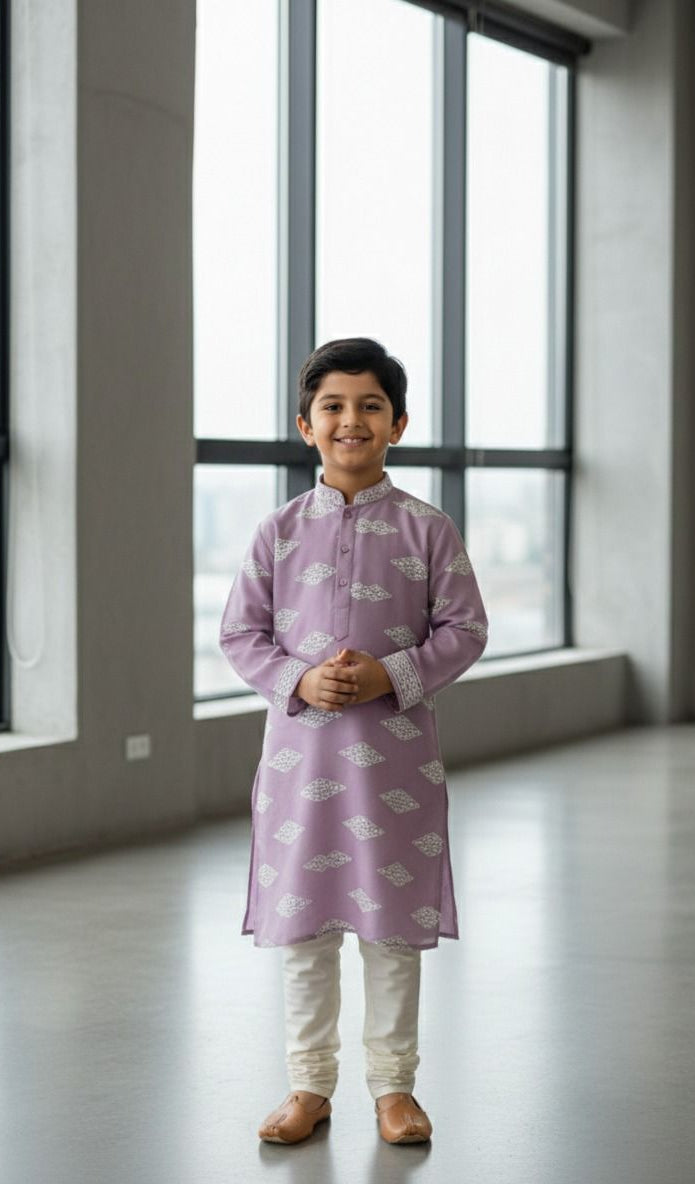 Premium kids kurta fabric in onion pink Roman silk featuring white mirror work embroidery for wedding and festive wear.