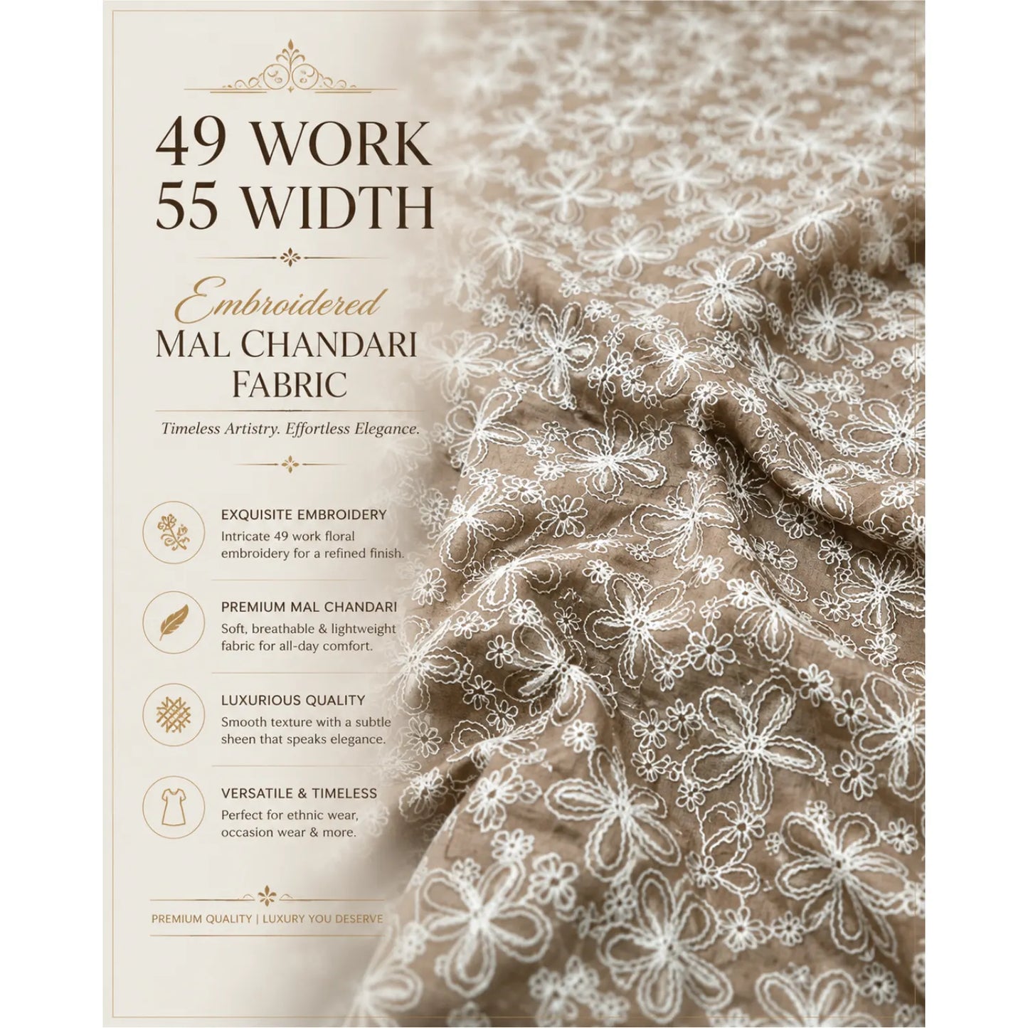 Premium Taupe Brown Mal Chanderi fabric infographic highlighting 55-inch width, 49-inch embroidery work, lightweight texture, elegant white floral thread embroidery, and versatile use for kurtis, suits, dresses, and festive wear.
